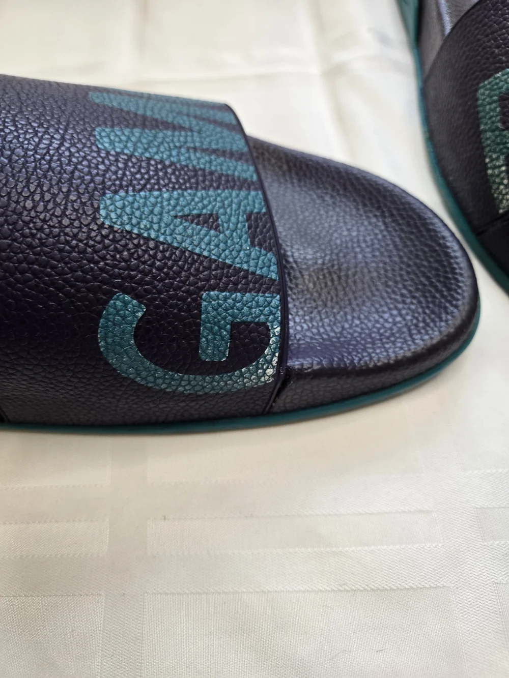 Salvatore Ferragamo Amos Logo Rubber Slide Sandals Purple Teal Men's Size 12